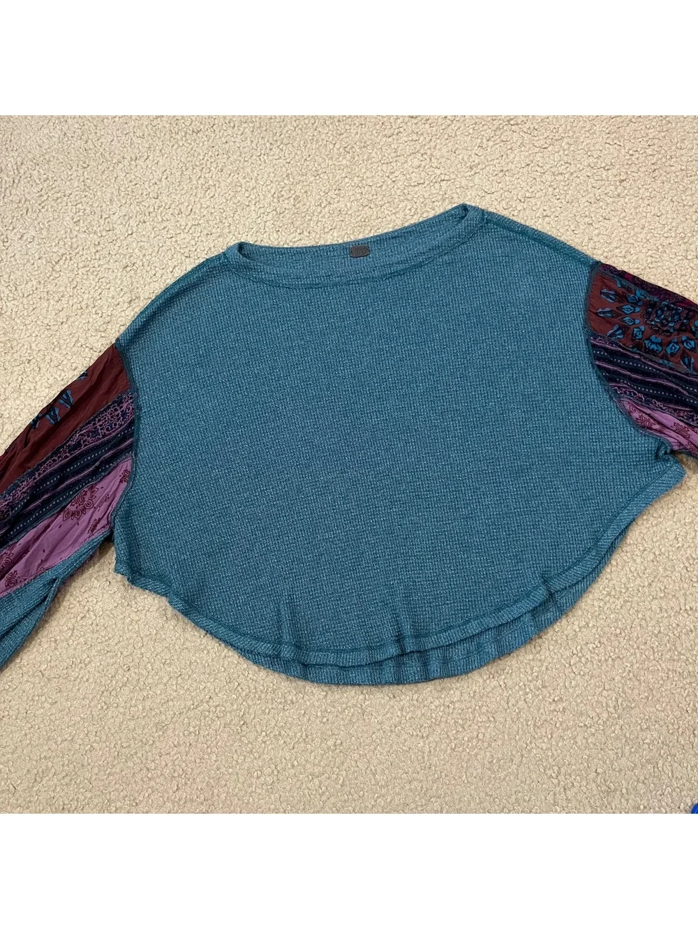 We The Free Free People Blossom Thermal Top Teal Waffle Knit Print Sleeve Size M